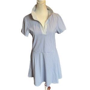 Addison Bay Short sleeve Tennis Dress White Blue stripe Athletic Polo Style L